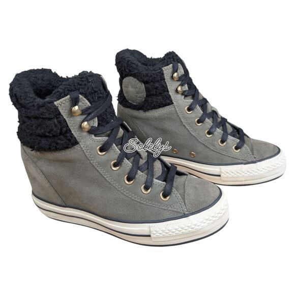 Converse 2014 Platform Plus Sherpa Hidden Wedge Grey Suede Sneaker Boot 7.5 - Picture 5 of 11